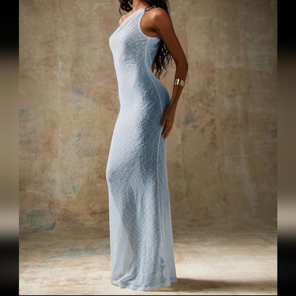 Sheer Mesh Trim Detailed One Shoulder Maxi Dress - Picture 4 of 4